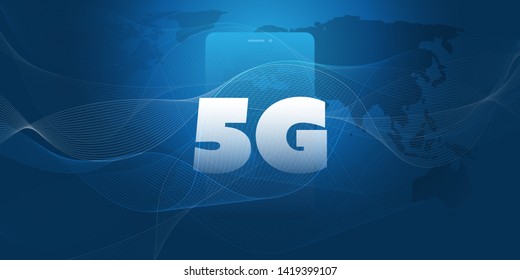 Etiqueta de red 5G frente a un Smart Phone. Concepto de telecomunicaciones móviles de banda ancha de alta velocidad y diseño de Internet inalámbrico con mapa mundial, líneas onduladas y dispositivo móvil