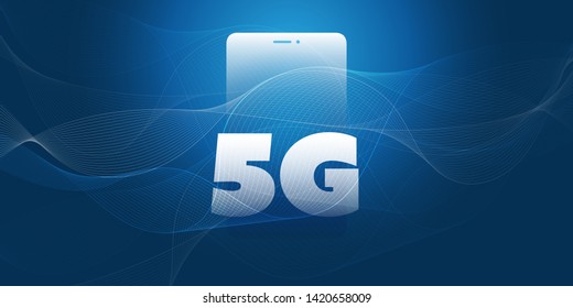 Etiqueta de red 5G frente a un Smart Phone. Concepto de telecomunicaciones móviles de banda ancha de alta velocidad y diseño de Internet inalámbrico con líneas onduladas y dispositivo móvil
