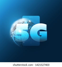 5G Network Label in front of a Smart Phone and Earth Globe - High Speed, Broadband Mobile Telecommunication and Wireless Internet Design Concept