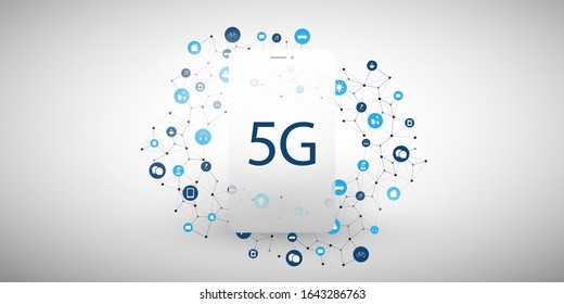5G Network Label with Icons Representing Various Kind of Devices and Services - High Speed, Broadband Mobile Telecommunication and Wireless IoT Systems Design Concept