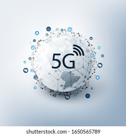 5G Network Label with Icons Representing Various Kind of Devices and Services - High Speed, Broadband Mobile Telecommunication and Wireless IoT Systems Design Concept