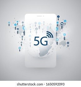 5G Network Label with Icons Representing Various Kind of Devices and Services - High Speed, Broadband Mobile Telecommunication and Wireless IoT Systems Design Concept