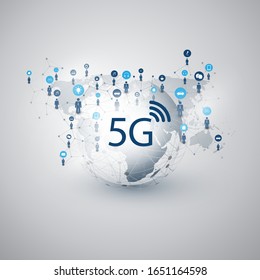 5G Network Label with Icons Representing Various Kind of Devices and Services - High Speed, Broadband Mobile Telecommunication and Wireless IoT Systems Design Concept