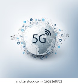 5G Network Label with Icons Representing Various Kind of Devices and Services - High Speed, Broadband Mobile Telecommunication and Wireless IoT Systems Design Concept