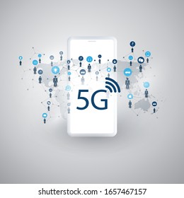 5G Network Label with Icons Representing Various Kind of Devices and Services - High Speed, Broadband Mobile Telecommunication and Wireless IoT Systems Design Concept