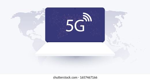5G Network Label on the Screen of a Laptop Computer - High Speed, Broadband Mobile Telecommunication and Wireless Internet Design Concept