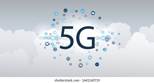 5G Network Label with Ring of  Icons Representing Various Kind of Devices and Services - High Speed, Broadband Mobile Telecommunication and Wireless IoT Systems Design Concept