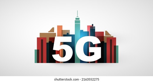 5G Network Label with Skyscrapers, Cityscape Skyline - Background High Speed Broadband Mobile Telecommunication and Wireless Internet Design, New Cutting Edge Global Mobile Technology Concept