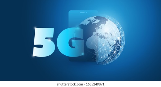 5G Network Label with Smart Phone and Earth Globe - Futuristic High Speed, Broadband Mobile Telecommunication and Wireless Internet Design Concept 