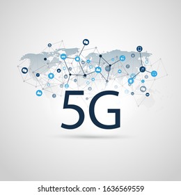 5G Network Label with Wire Mesh, Icons and World Map - High Speed, Broadband Mobile Telecommunication and Wireless Internet Design Concept