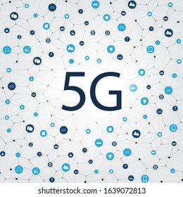 5G Network Label with Wireframe Mesh and  Icons Representing Various Kind of Devices and Services  - High Speed, Broadband Mobile Telecommunication and Wireless IoT Solutions Design Concept