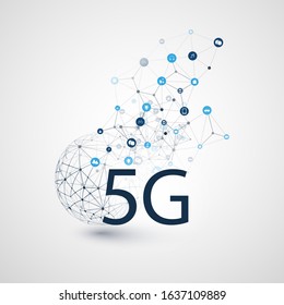 5G Network Label with Wireframe Sphere, Mesh and Icons -Abstract  Futuristic High Speed, Broadband Mobile Telecommunication and Wireless Internet Design Concept