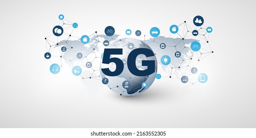 5G Network Label with World Map, Earth Globe, Icons and Network Mesh - High Speed Broadband Mobile Telecommunication and Wireless Internet Design, New Cutting Edge Global Mobile Technology Concept