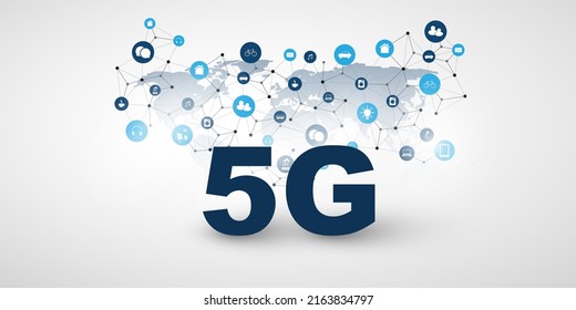 5G Network Label with World Map, Icons and Network Mesh - High Speed Broadband Mobile Telecommunication and Wireless Internet Design, New Cutting Edge Fifth Generation Global Mobile Technology Concept