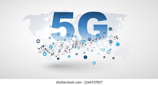 Etiqueta de red 5G con mapa mundial, iconos y malla de red - Telecomunicaciones móviles de banda ancha de alta velocidad y diseño de Internet inalámbrico, nuevo concepto de tecnología móvil global de quinta generación