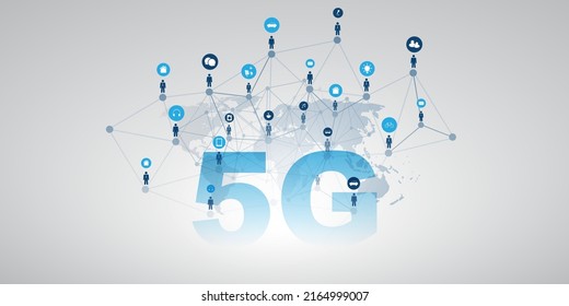 5G Network Label with World Map, People, Icons and Network Mesh - High Speed Broadband Mobile Telecommunication and Wireless Internet Design, New Cutting Edge Global Mobile Technology Concept