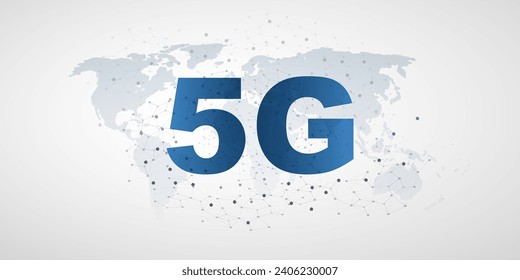 Etiqueta de red 5G con Mapa Mundial, malla de red poligonal - Telecomunicaciones móviles de banda ancha de alta velocidad y diseño de Internet inalámbrico, nuevo concepto de tecnología móvil global de quinta generación