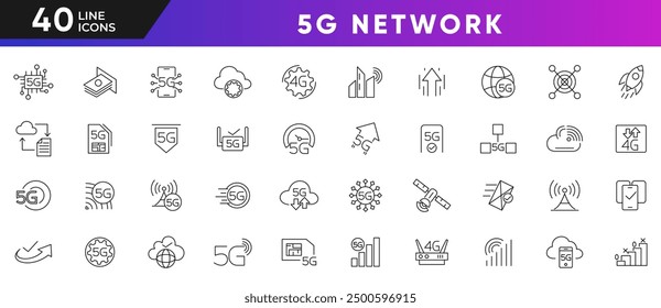 Conjunto de iconos de línea de red 5G. Señales, torres, ancho de banda, conectividad de enrutadores, velocidad, rápido, red, WiFi, colección de iconos de contorno de teléfono 5g. Paquete de iconos de línea delgada de interfaz de usuario.