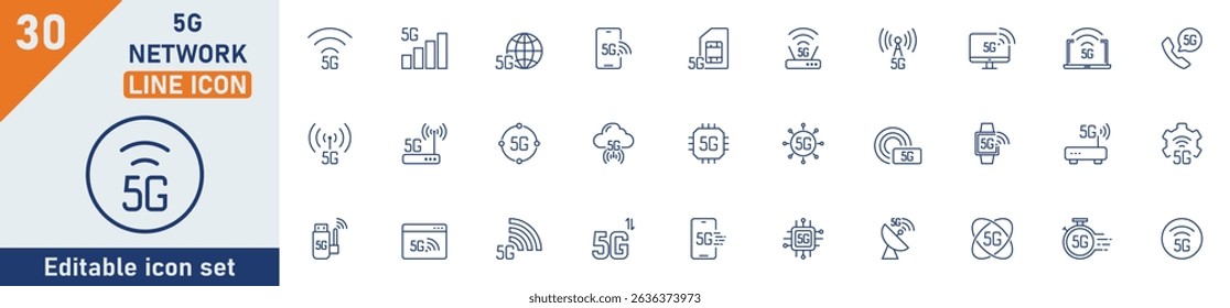5G Network line icon set. Set of 30 outline icons related to 5G network, internet, signal, connection, routers, wireless, speed, 5G and others. Editable stroke. Vector illustration.