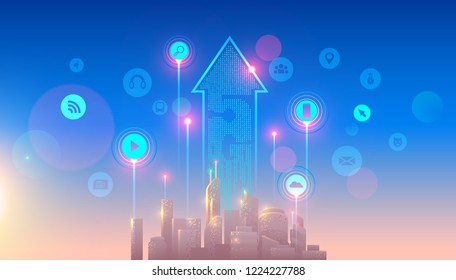 5g Network Logo Over The Smart City With Icons Of Town Infrastructure. Devices Connection Via High Speed, Broadband Telecommunication Wireless Internet. Skyscrapers In Sunrise.