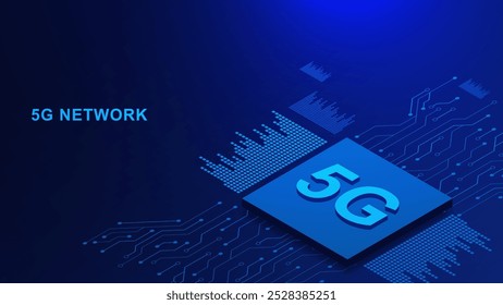 5G network with microchip and electronic circuit board isometric. Wireless systems and internet technology for connection and global communication concept. Vector illustration