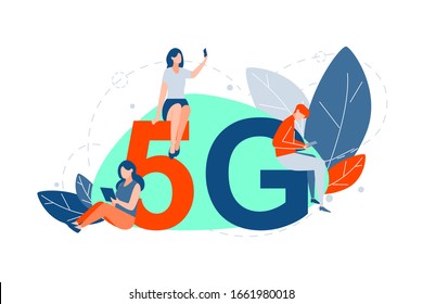 5g network, mobile technologies, communication concept. 5g technology connection. Young women and man communicate using modern digital network. Girls and boy sit near big 5g letters. Flat vector