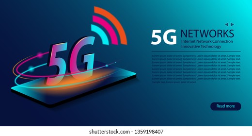 Conexión inalámbrica a Internet de 5G nueva. Innovadora generación de banda ancha de alta velocidad a nivel mundial. Fondo abstracto neón brillante. Ilustración vectorial.