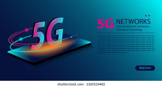 5G network new wireless internet wifi connection. Innovative generation of the global high speed Internet broadband. Glowing neon abstract background. Vector illustration.