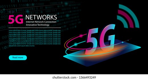 5G network new wireless internet wifi connection. Innovative generation of the global high speed Internet broadband. Neon abstract background. Big data binary code flow numbers. Vector illustration.
