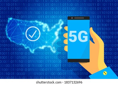 5G network - next generation wireless internet connection. 5g text on background of a USA map. vector illustration. Phone in hand.