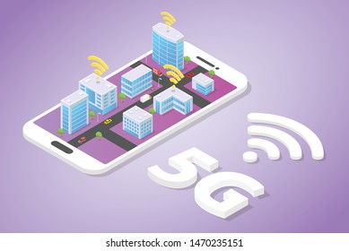 5g network on smart city building technology with wifi signal on top of smartphone with isometric modern style - vector