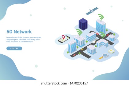 5g network on smart city building technology with wifi signal with isometric modern style for website template or landing homepage - vector