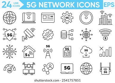 5G network outline web icons set. Connected, no signal, data upload, Wi-Fi, signal strength and more. vector and illustrator set.