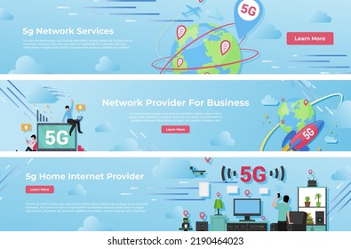 5G Network Service Provider For Business And Home Landing Page Set Vector Illustration. Wireless Speed Mobile Telecommunication Technology Cyberspace Global Internet Connection Broadband Telecom