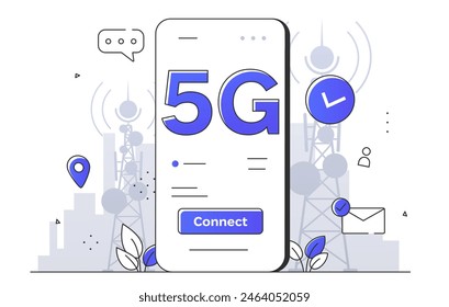 Concepto de estilo simple de la red 5g. Conexión inalámbrica y comunicación. Elemento gráfico para el Sitio web. Internet rápido para dispositivos y gadgets. Ilustración vectorial plana lineal aislada sobre fondo blanco