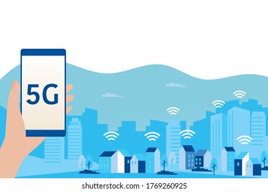 Red 5G y concepto de ciudad inteligente, ilustración de paisajes vectoriales