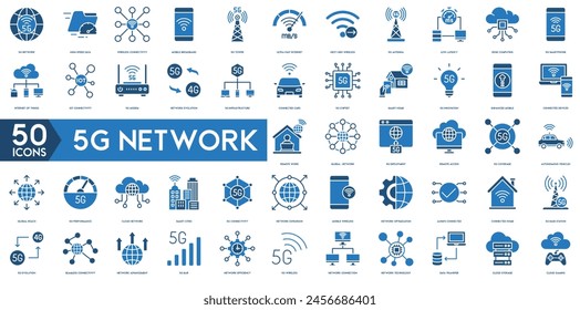 5G Network, Smart Home, Wireless Connectivity, 5G Smartphone, Remote Work, Global Network, Mobile Broadband thin line web icon set. Outline icons collection. Simple vector illustration