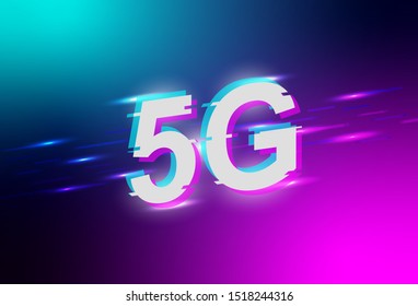 5G network system on abstract background. New generation mobile networks and internet. Glitch design.