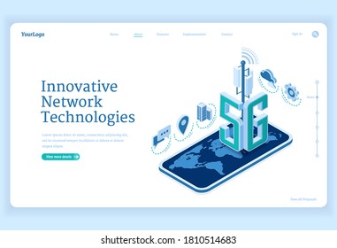 5g network technologies isometric landing page. Innovative wireless mobile telecommunication new generation cell service. Smartphone with world map, internet speed connection 3d vector web banner