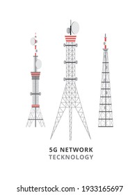 5G network technology banner with telecommunication towers, flat vector illustration isolated on white background. 5G connection and transmission technology.