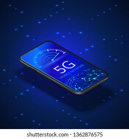 5G network technology banner. Wireless systems and internet. Communication network. Mobile phone with internet speed indicator and global network. Vector illustration