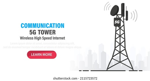 5G network technology. Communication tower wireless high speed internet. Base station, mobile data tower, cellular equipment, telecommunication antenna, signal. Concept of fastest internet in future
