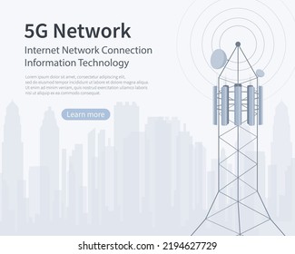 5G-Netztechnologie. WLAN-Internetanschluss mit WLAN-Anschluss. Basisstation, mobiler Datenturm, Mobilgerät, Telekommunikationsantenne, Signal. Vektorgrafik.