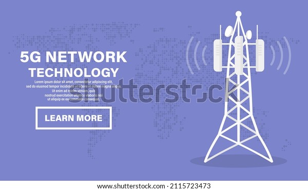 5G network technology. Communication tower
wireless high speed internet. Base station, mobile data tower,
cellular equipment, telecommunication antenna, signal. Concept of
fastest internet in future