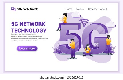 5G network technology concept. Internet systems telecommunication service. Characters using High speed wireless connection 5G. Flat vector illustration