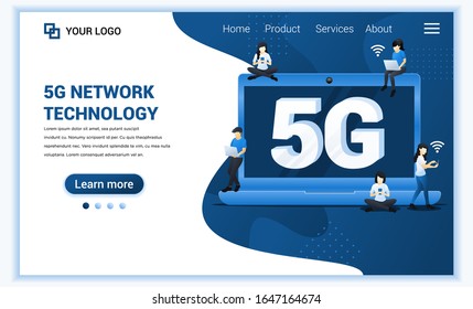 5G network technology concept. Internet systems telecommunication service. People using High speed wireless connection 5G via laptop and smartphone. Flat vector illustration