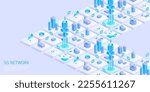 5g network technology concept. Wireless mobile telecommunication service. City buildings with telecommunication towers. Marketing website landing template. Isometric vector illustration.