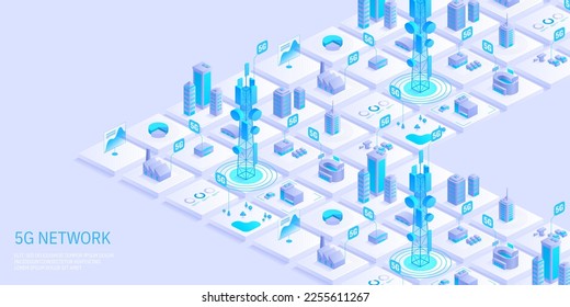 5 g concepto de tecnología de red. Servicio móvil de telecomunicaciones. Edificios urbanos con torres de telecomunicaciones. Plantilla de aterrizaje del sitio web de marketing. Isométrica ilustración vectorial.