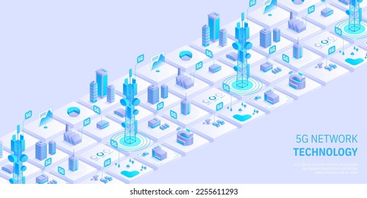 Konzept der 5g-Netztechnologie. Drahtloser mobiler Telekommunikationsdienst. Stadtgebäude mit Fernmeldetürmen. Marketing-Website-Landing-Vorlage. Isometrische Vektorgrafik.