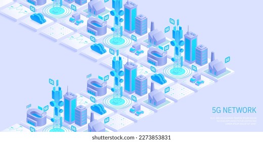 5g network technology concept. Wireless mobile telecommunication service. Buildings with telecommunication towers. Marketing website landing template. Isometric vector illustration.